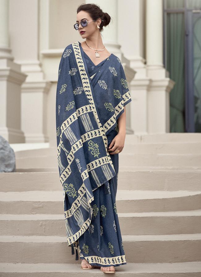 Pure Mal Mal Silk Blue Casual Wear Printed Saree